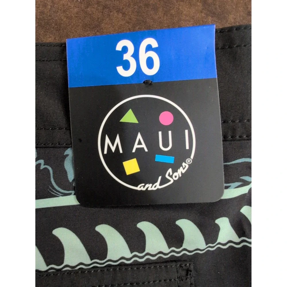 Maui and Sons Mens‎ Board Shorts Size 36 Black Neon Striped Floral Shark Fin NWT